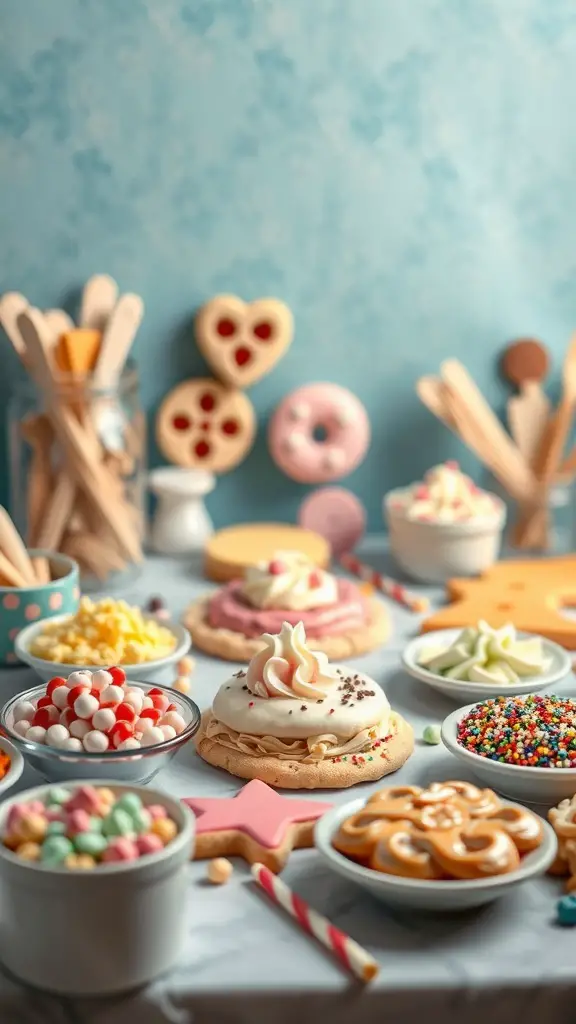 A festive cookie decorating station with various cookies, icing, and toppings.