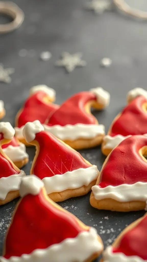 Decorated Santa hat cookies with red icing and white icing details