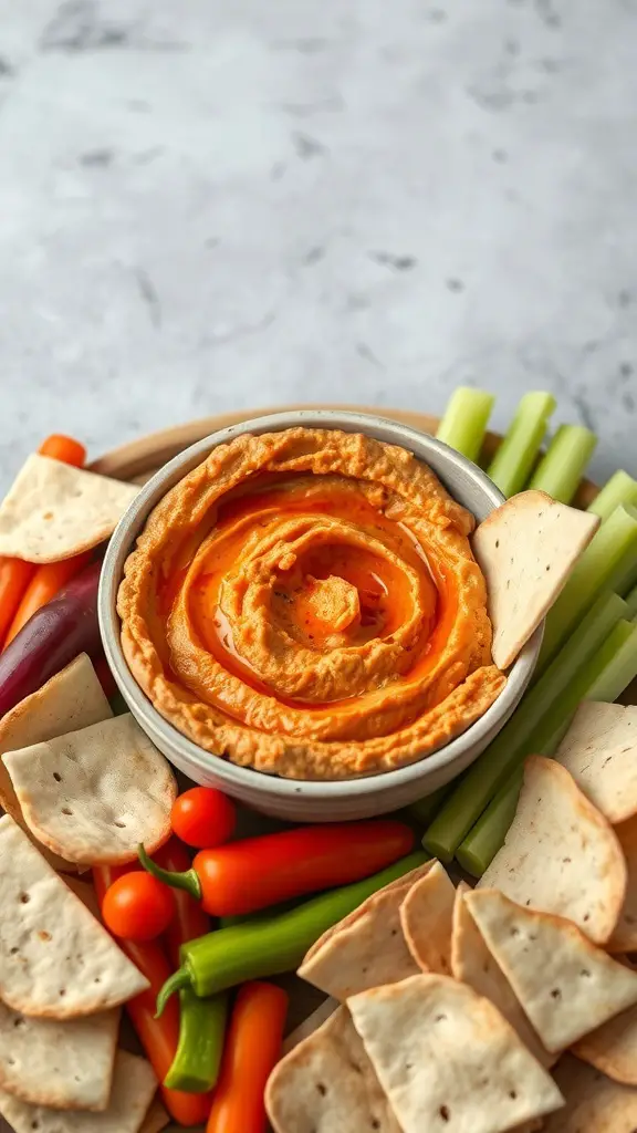 A bowl of roasted red pepper hummus surrounded by pita chips and colorful vegetables.