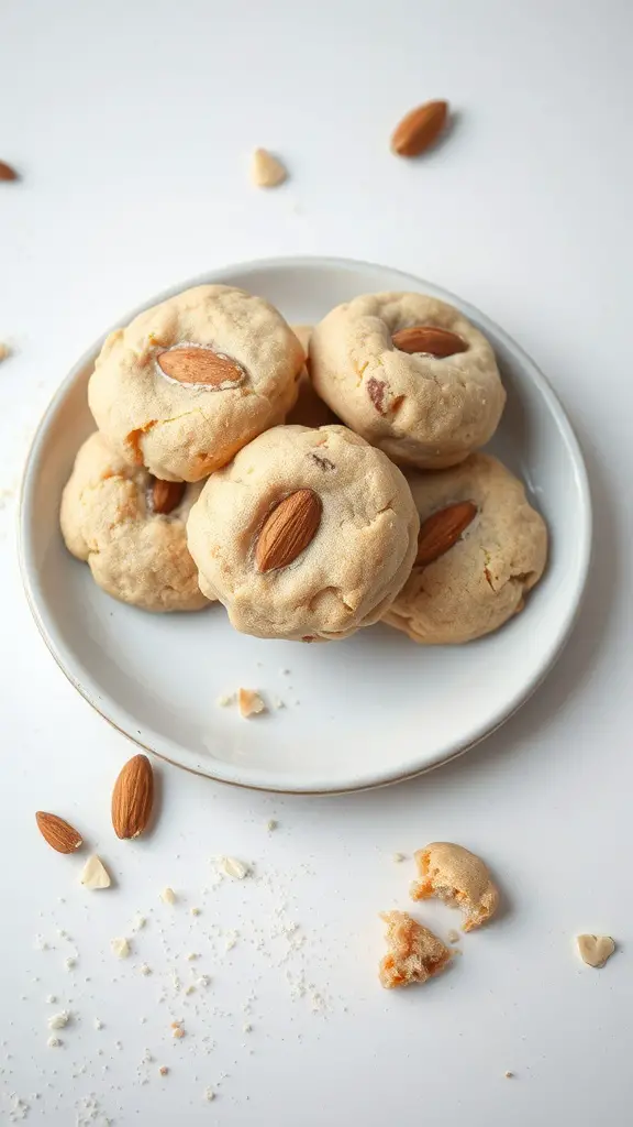 A plate of almond flour cookies with whole almonds on top