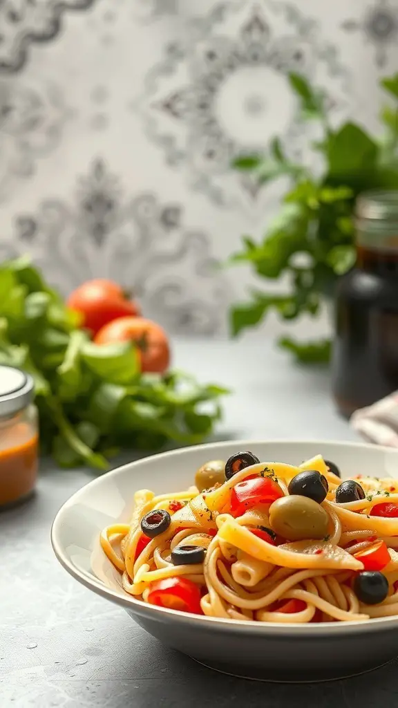 A bowl of pasta salad with olives and bell peppers, garnished with herbs, surrounded by fresh ingredients.