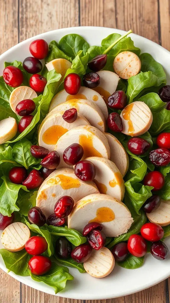 A plate of turkey and cranberry salad with greens and cranberries.