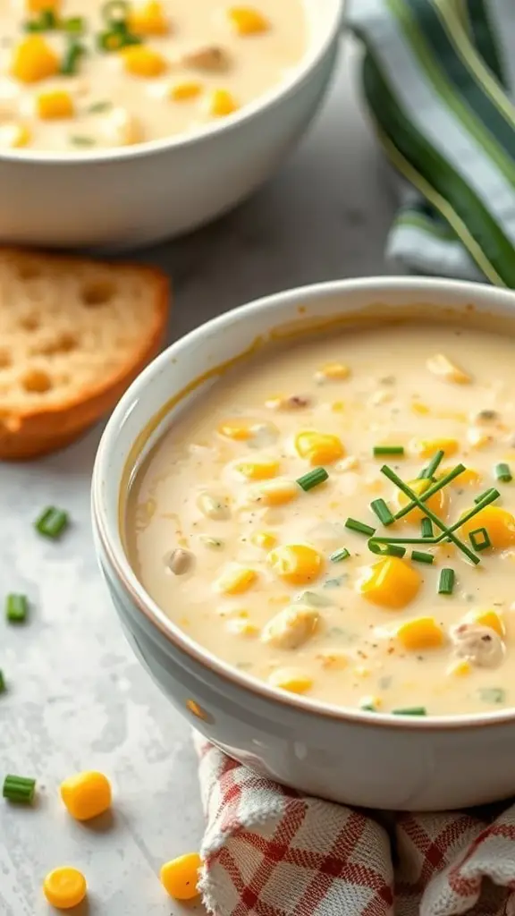 A bowl of creamy zucchini and corn chowder garnished with chives, served with a slice of bread.
