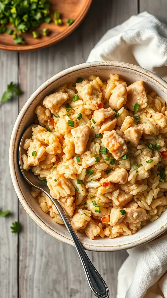 A bowl of chicken and rice puree garnished with herbs