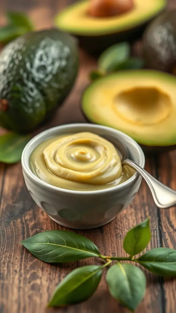 A bowl of creamy avocado puree with fresh avocados in the background
