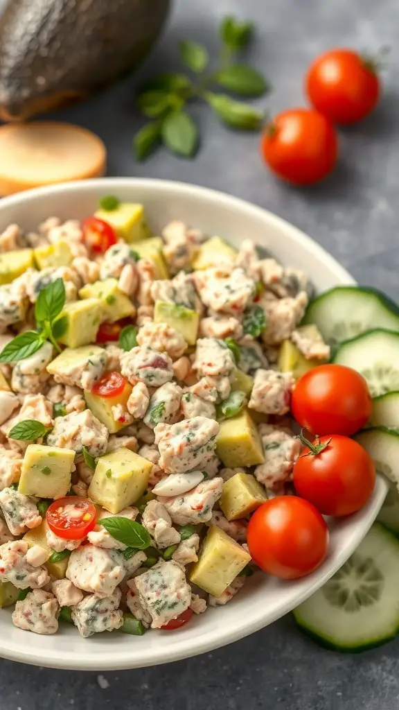 A bowl of creamy avocado and tuna salad with cherry tomatoes and cucumber slices.
