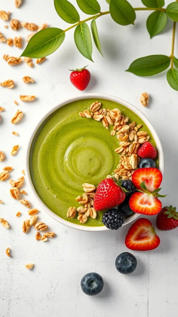 A vibrant matcha smoothie bowl topped with fresh fruits and granola.