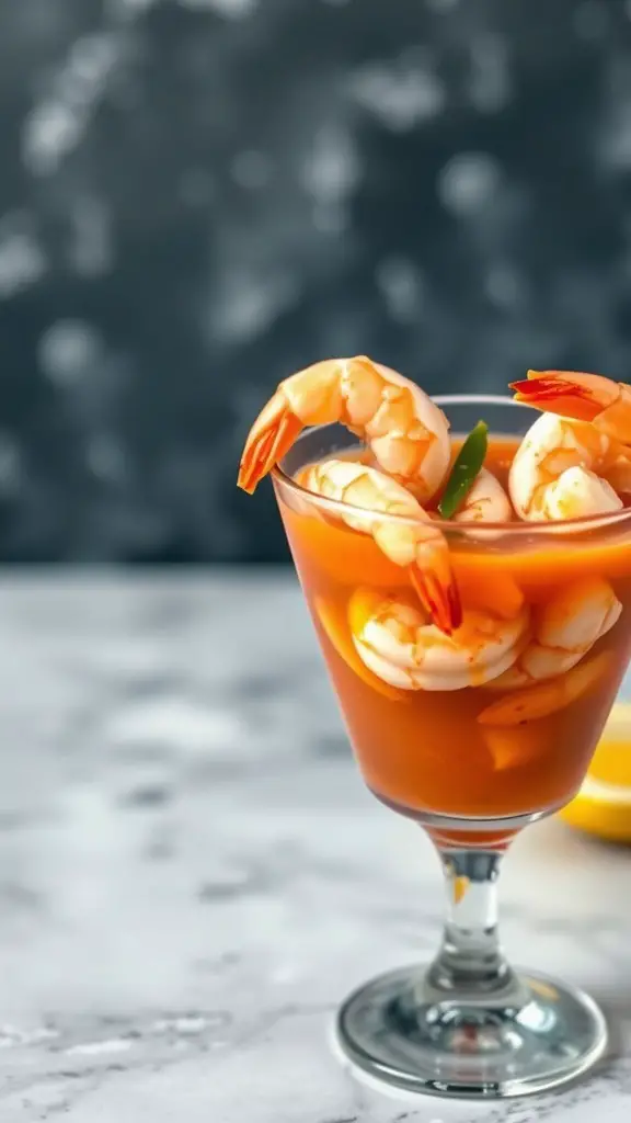 A glass of shrimp cocktail with zesty sauce and lemon wedges