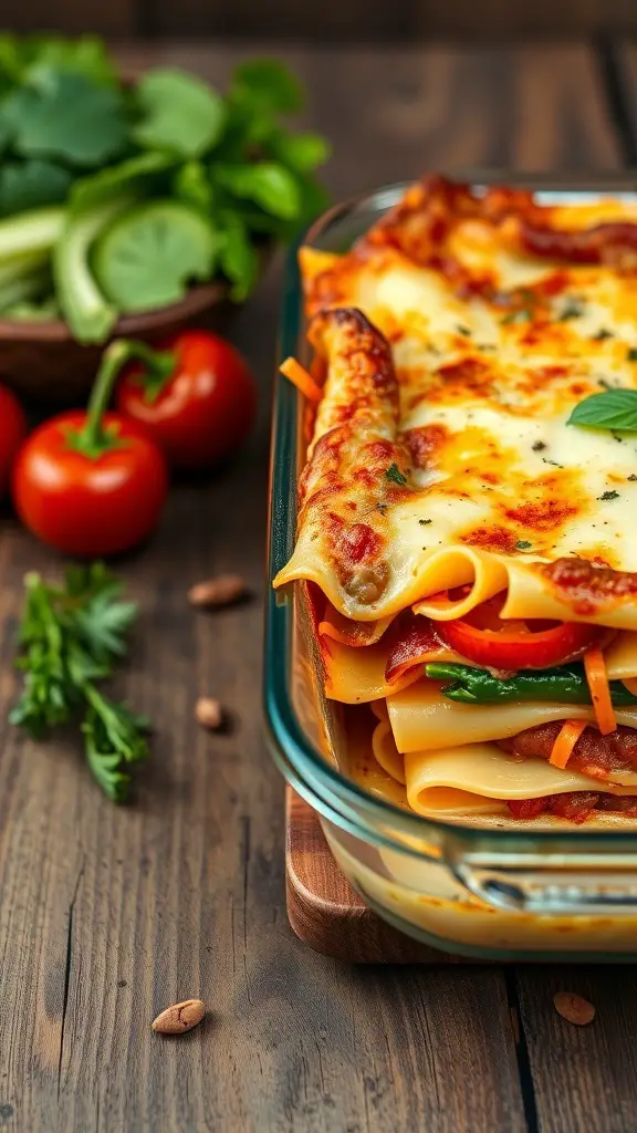 A delicious vegetable lasagna layered with pasta, cheese, and fresh vegetables.