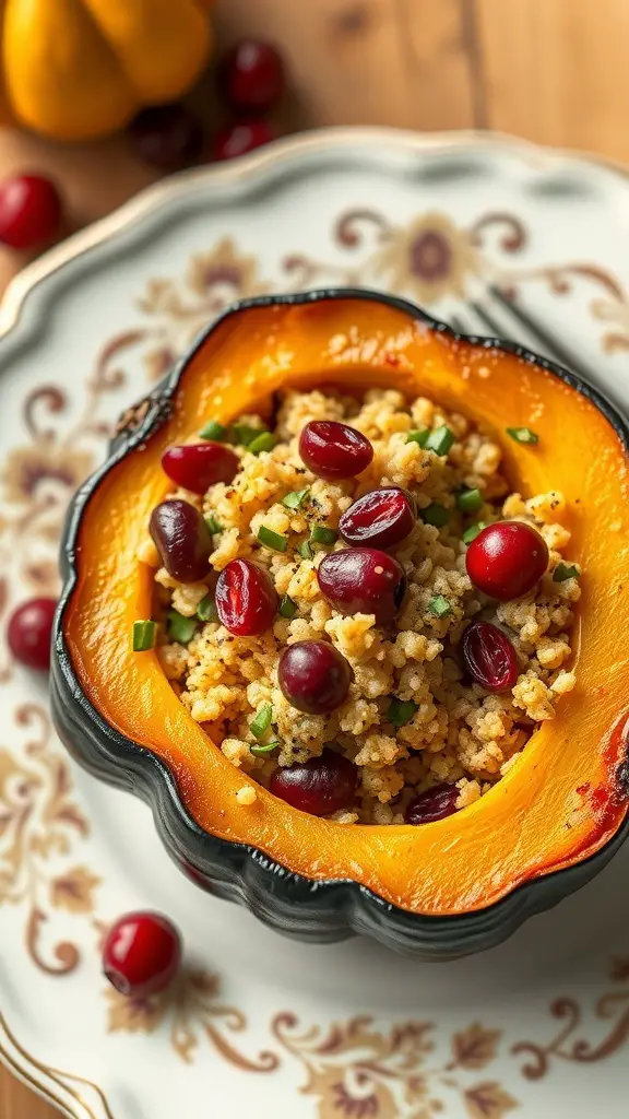 Stuffed acorn squash filled with quinoa and cranberries on a decorative plate