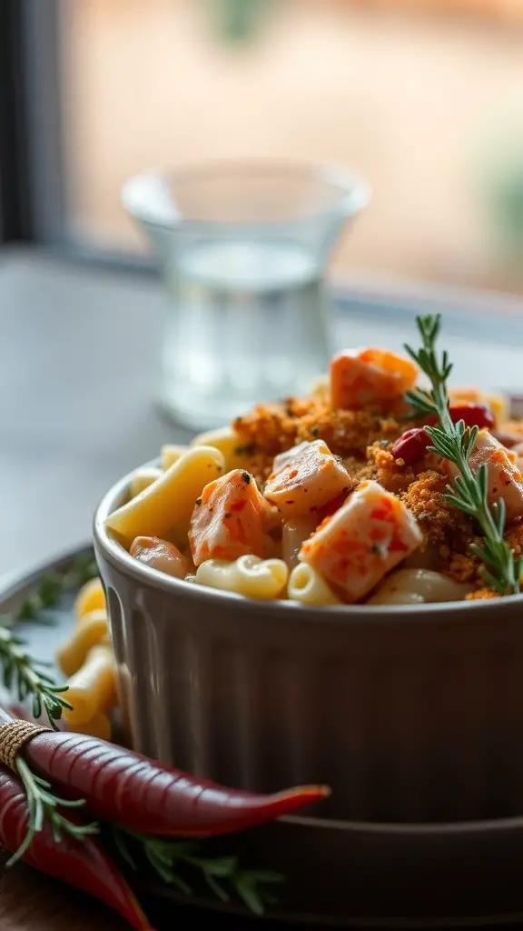 A bowl of lobster macaroni and cheese bake topped with breadcrumbs and herbs