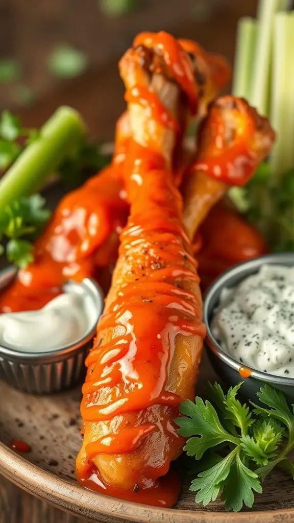 Buffalo style turkey legs drizzled with hot sauce, served with ranch dressing and celery sticks.