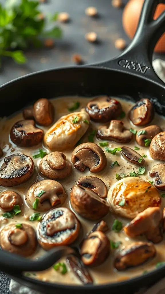 A skillet filled with creamy mushroom chicken, featuring golden-brown chicken pieces and sautéed mushrooms in a rich sauce.