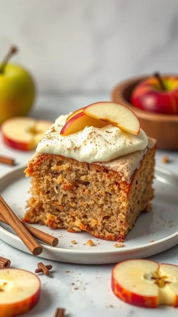 A slice of spiced apple cake topped with cinnamon cream cheese frosting, garnished with apple slices, surrounded by cinnamon sticks and apple slices.