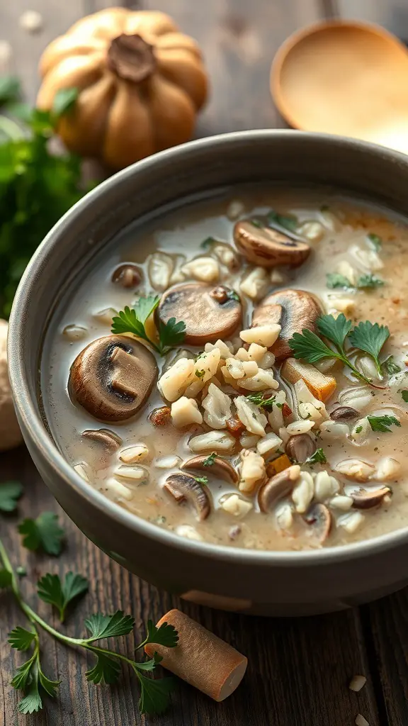 A bowl of Wild Rice and Mushroom Soup with mushrooms and herbs on a wooden table.