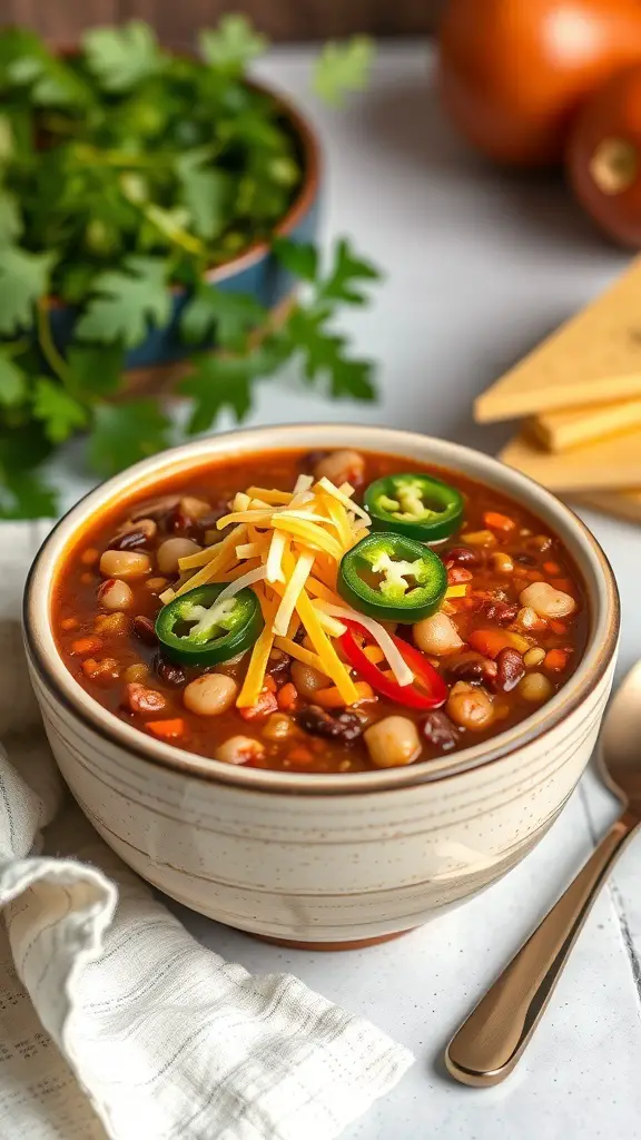 A bowl of turkey and bean chili topped with cheese and jalapeños, surrounded by fresh ingredients.