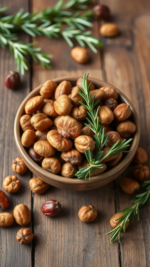 A bowl of spiced nuts with rosemary on a wooden table