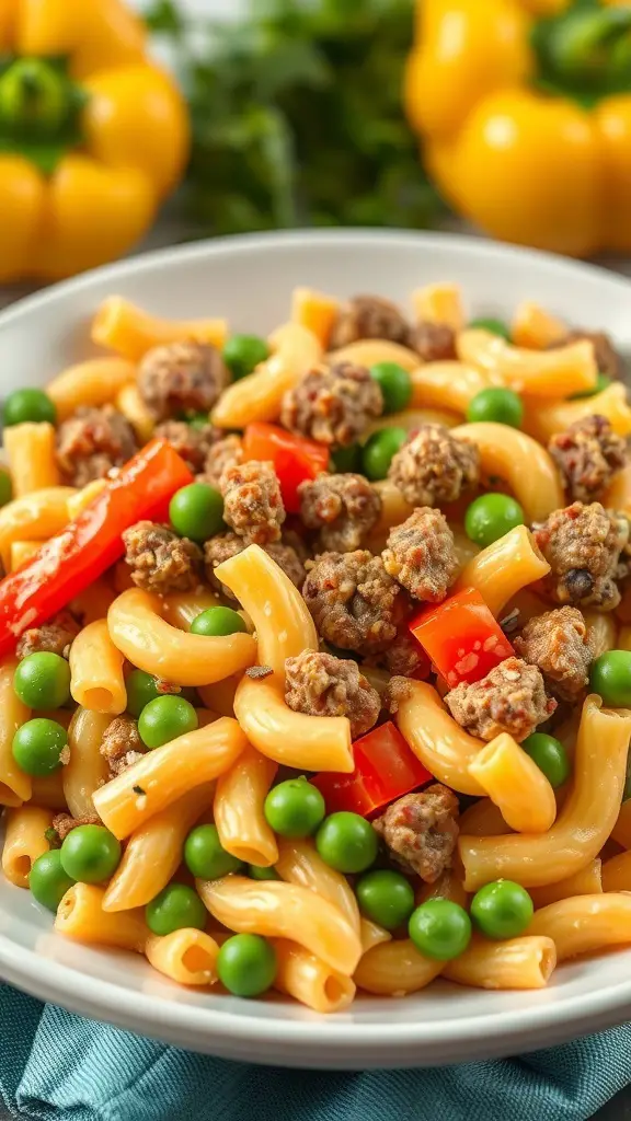 A bowl of hamburger macaroni casserole with ground beef, macaroni, peas, and red bell peppers.
