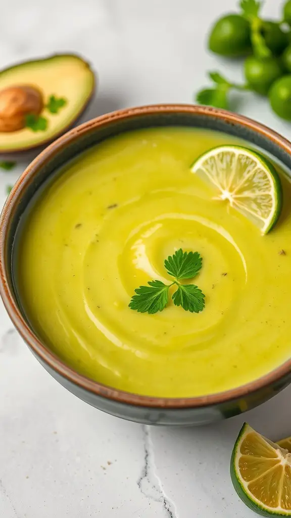 A bowl of creamy avocado and cilantro soup garnished with cilantro and lime slices.
