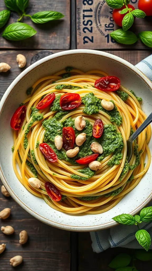 A bowl of spaghetti topped with pesto, sun-dried tomatoes, and nuts.