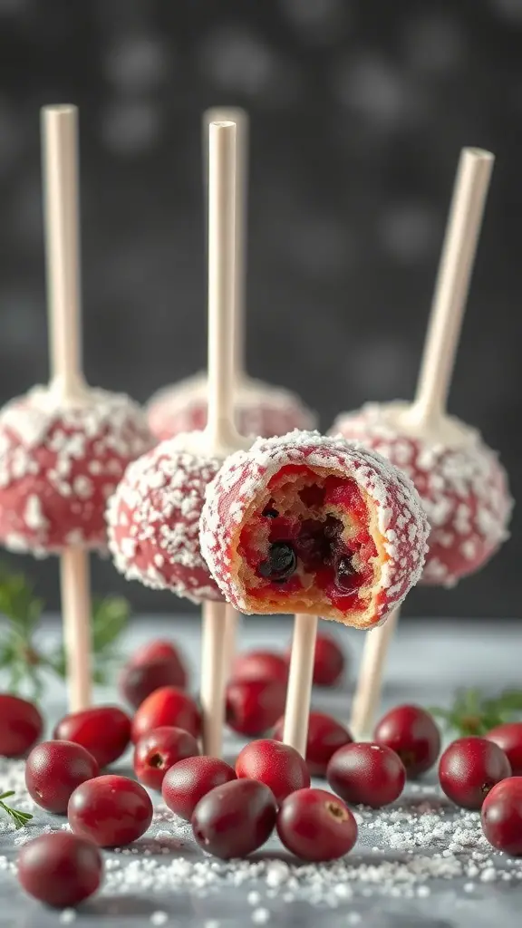Sparkling cranberry cake pops with a bite taken out, surrounded by fresh cranberries.