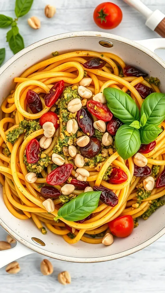 A bowl of pesto and sun-dried tomato pasta topped with peanuts and fresh basil.