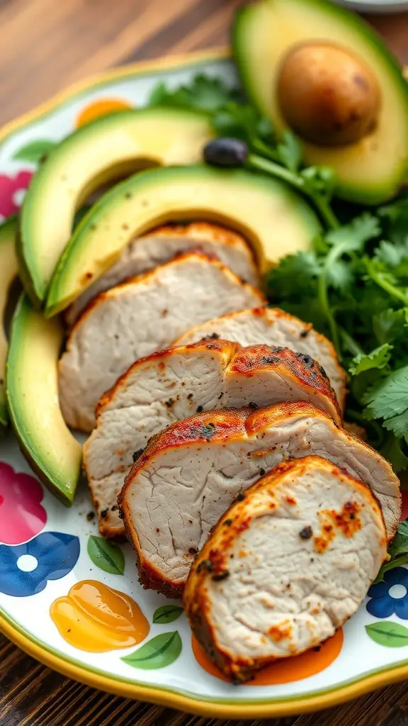 Slices of spicy chipotle turkey with avocado and cilantro on a colorful plate