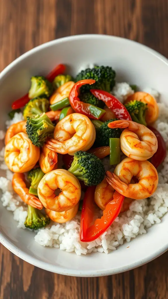 A bowl of shrimp stir-fry with broccoli and bell peppers served over rice.