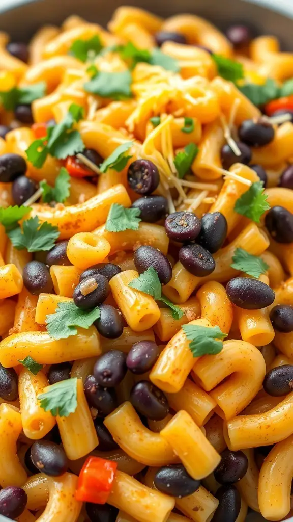 A colorful Southwestern Veggie Macaroni Casserole with macaroni, black beans, and fresh herbs.