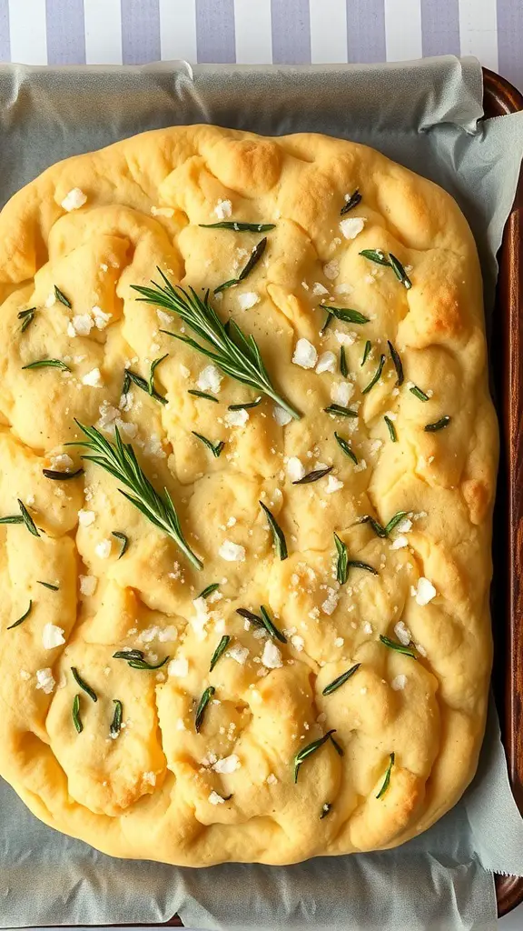 A freshly baked chickpea flour focaccia topped with rosemary and sea salt.