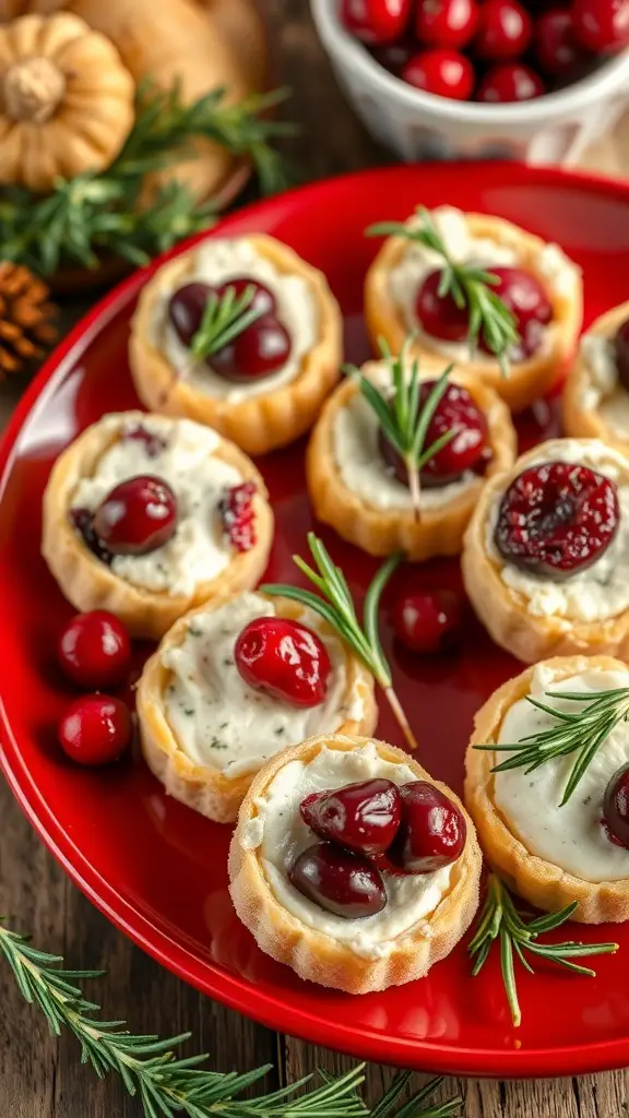 A plate of cranberry brie bites topped with cranberries and rosemary, set against a festive background.