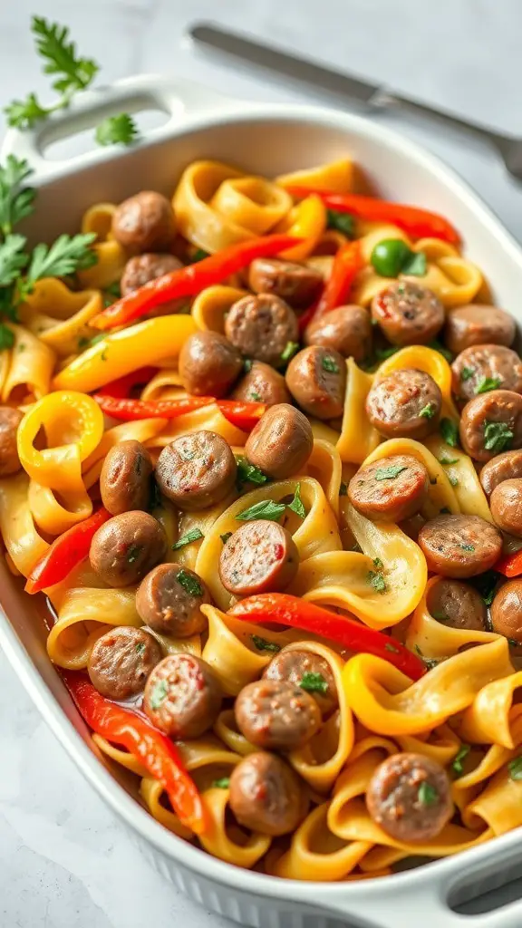 A colorful sausage and pepper pasta bake with egg noodles, sausage, and bell peppers.