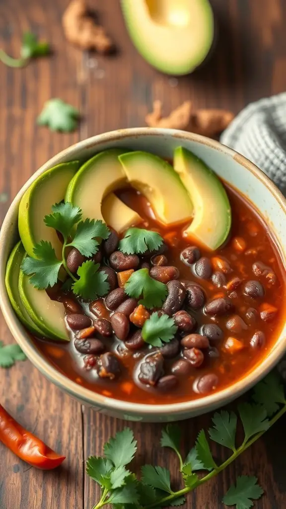 A bowl of spicy black bean soup topped with avocado slices and cilantro, placed on a wooden surface with a red chili pepper and fresh herbs nearby.