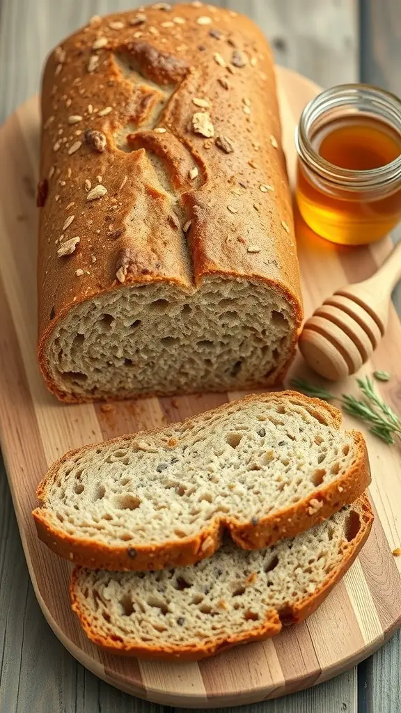 A loaf of whole wheat honey bread with slices cut, accompanied by a jar of honey and a honey dipper.