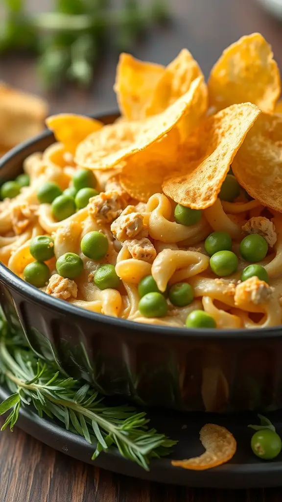 A bowl of Tuna Noodle Casserole with peas and crispy chips on top.
