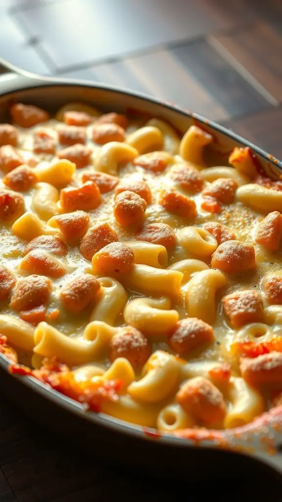 A close-up of a baked macaroni and cheese dish with a golden-brown topping.