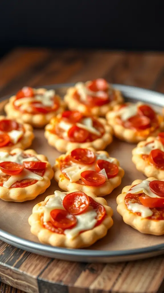 A plate of Ritz cracker mini pizzas topped with cheese and pepperoni.