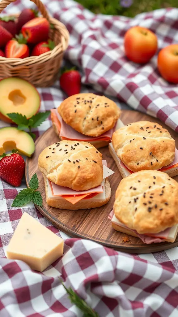 Savory ham and Gruyère biscuit sandwiches on a wooden platter with fresh fruits.
