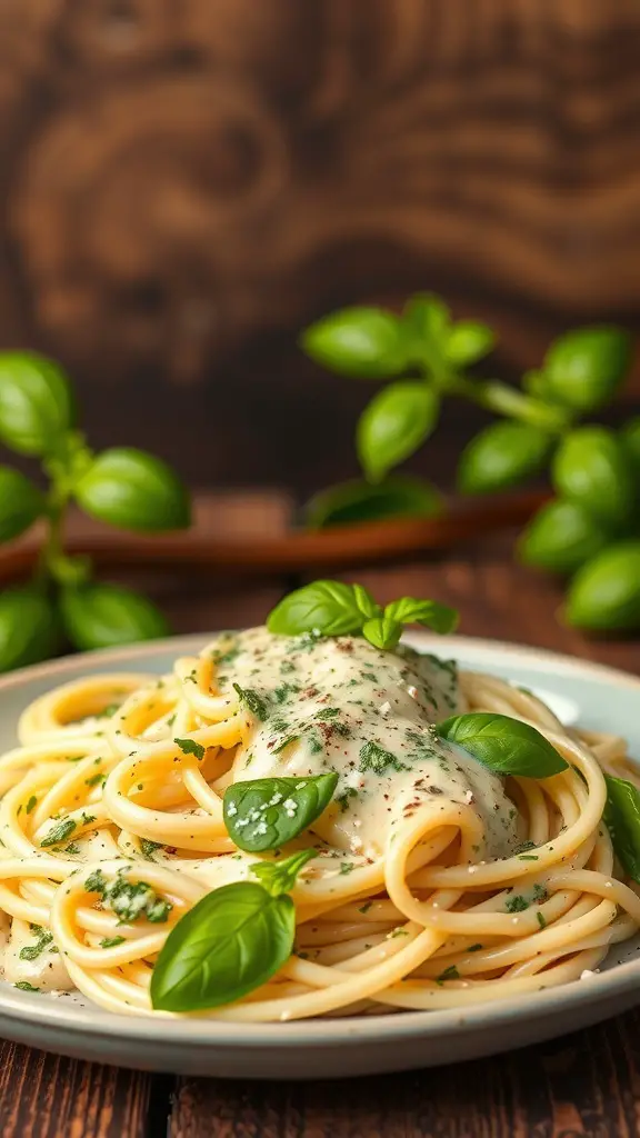 A plate of spaghetti topped with creamy Alfredo sauce and fresh basil leaves.