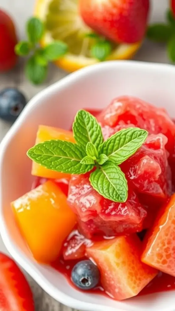 A bowl of colorful fruit sorbet with mint leaves, featuring strawberries, mangoes, and blueberries.