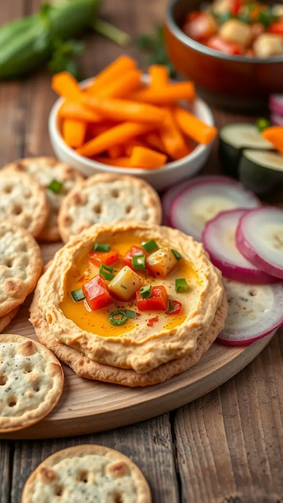 A platter featuring spicy hummus topped with diced vegetables, surrounded by crackers and fresh veggie sticks.