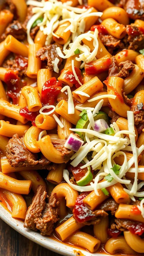 A delicious BBQ Pulled Pork Macaroni Casserole with cheese and vegetables.