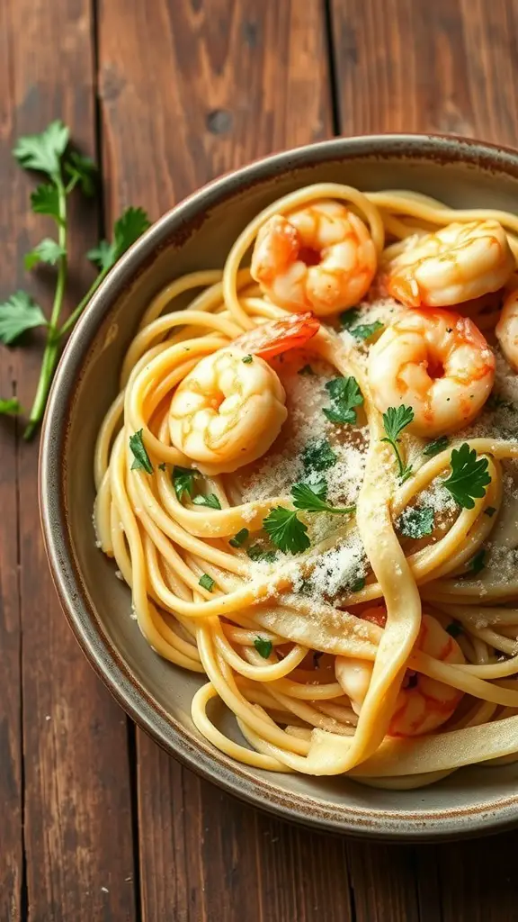 A bowl of shrimp fettuccine topped with parsley and Parmesan cheese.