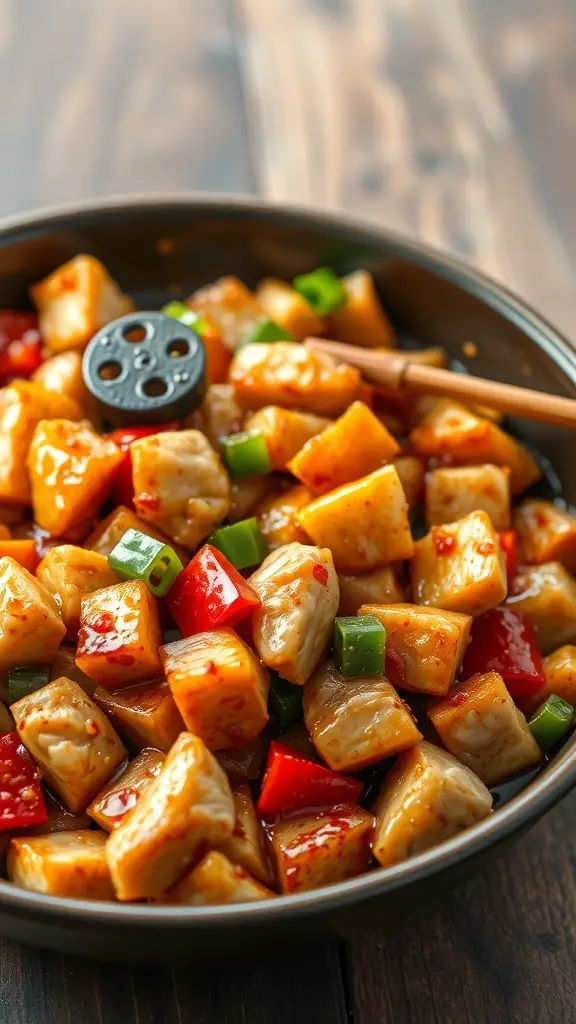 A bowl of honey garlic chicken stir-fry with diced chicken, red bell peppers, and green onions.