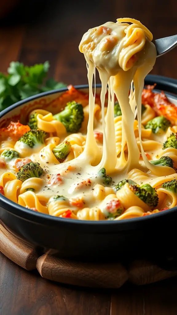 A cheesy broccoli and egg noodle casserole with melted cheese and vibrant green broccoli.