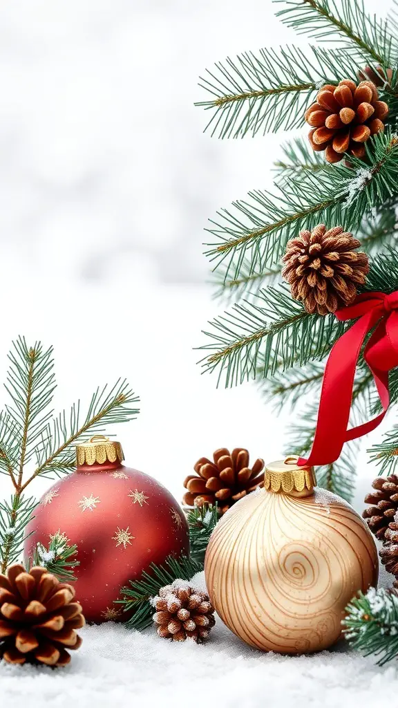 Nature-inspired Christmas ornaments with pine branches and pinecones