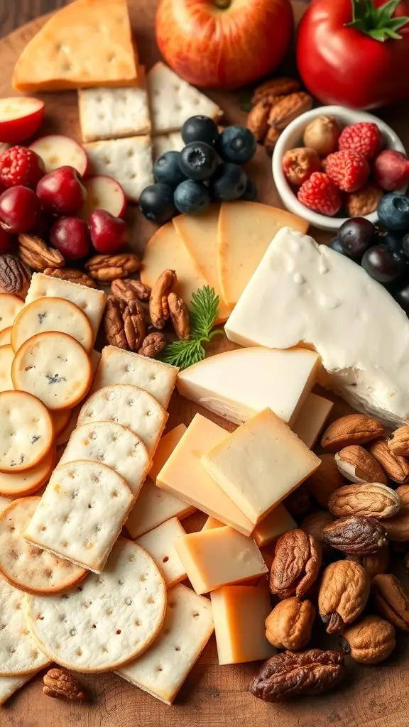 A colorful cheese board featuring club crackers, various cheeses, fresh fruits, and nuts.