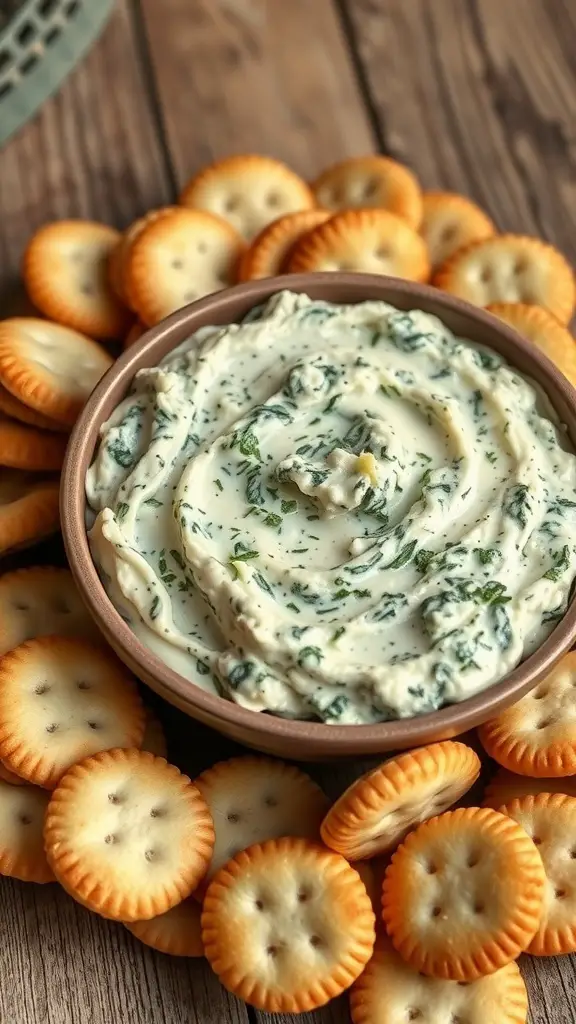 Creamy spinach artichoke dip in a bowl surrounded by club crackers