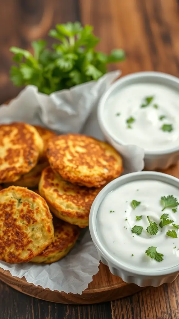 A plate of golden zucchini fritters with a creamy yogurt dip and fresh herbs