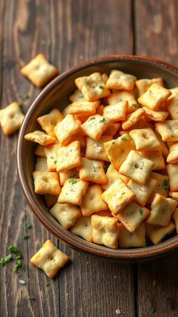 A bowl of savory ranch oyster crackers on a wooden table.
